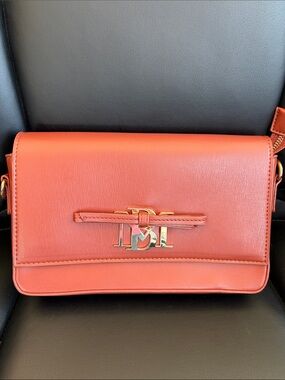 Coffee Vegan Leather Crossbody Bag with Gold Logo Accent